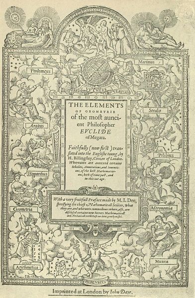 Title page of Sir Henry Billingsley's first English version of Euclid's Elements, 1570. Image: Public Domain