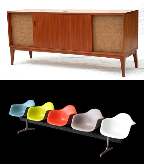 Top: Clairtone Stereo Cabinet by Flickr User Stephen Coles (CC BY-NC-SA 2.0). Bottom: Eames Chair by Flickr User Rama (CC BY-SA 2.0 FR)