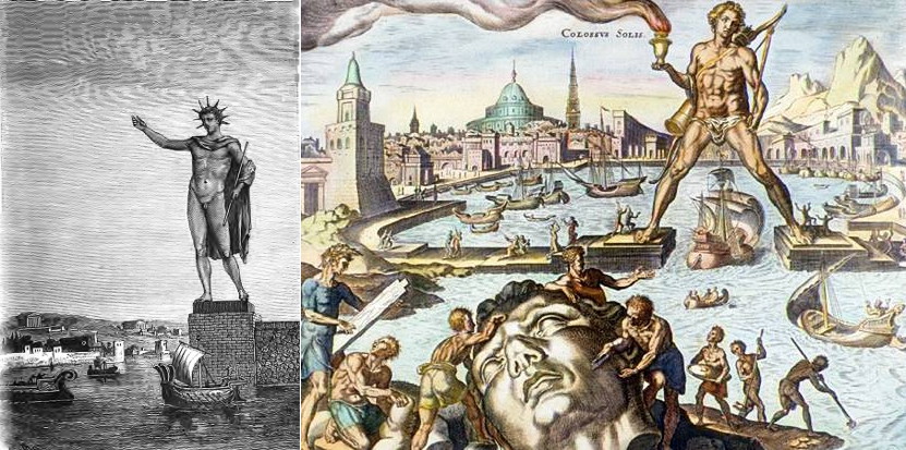 Two versions of Colossus of Rhodes. Both images in the public domain.