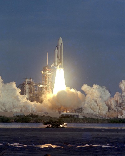 Columbia lifted off the launch pad for the first shuttle mission on April 12, 1981. Note the white external tank. NASA used a white tank only twice before scrapping the paint because it added so much weight. Image: NASA