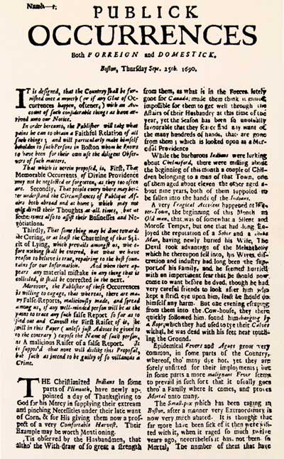The only issue of the colonies' first newspaper published in Boston 1690.
